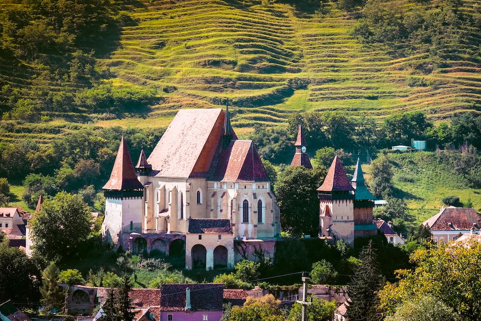 View of Biertan Fortified Church in Biertan saxon Village in Transylvania, Romania