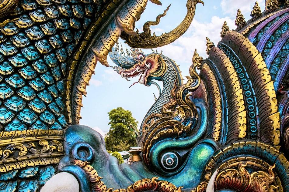 Naga serpents at Blue Temple Chiang Rai, also known as Wat Rong Seua Ten