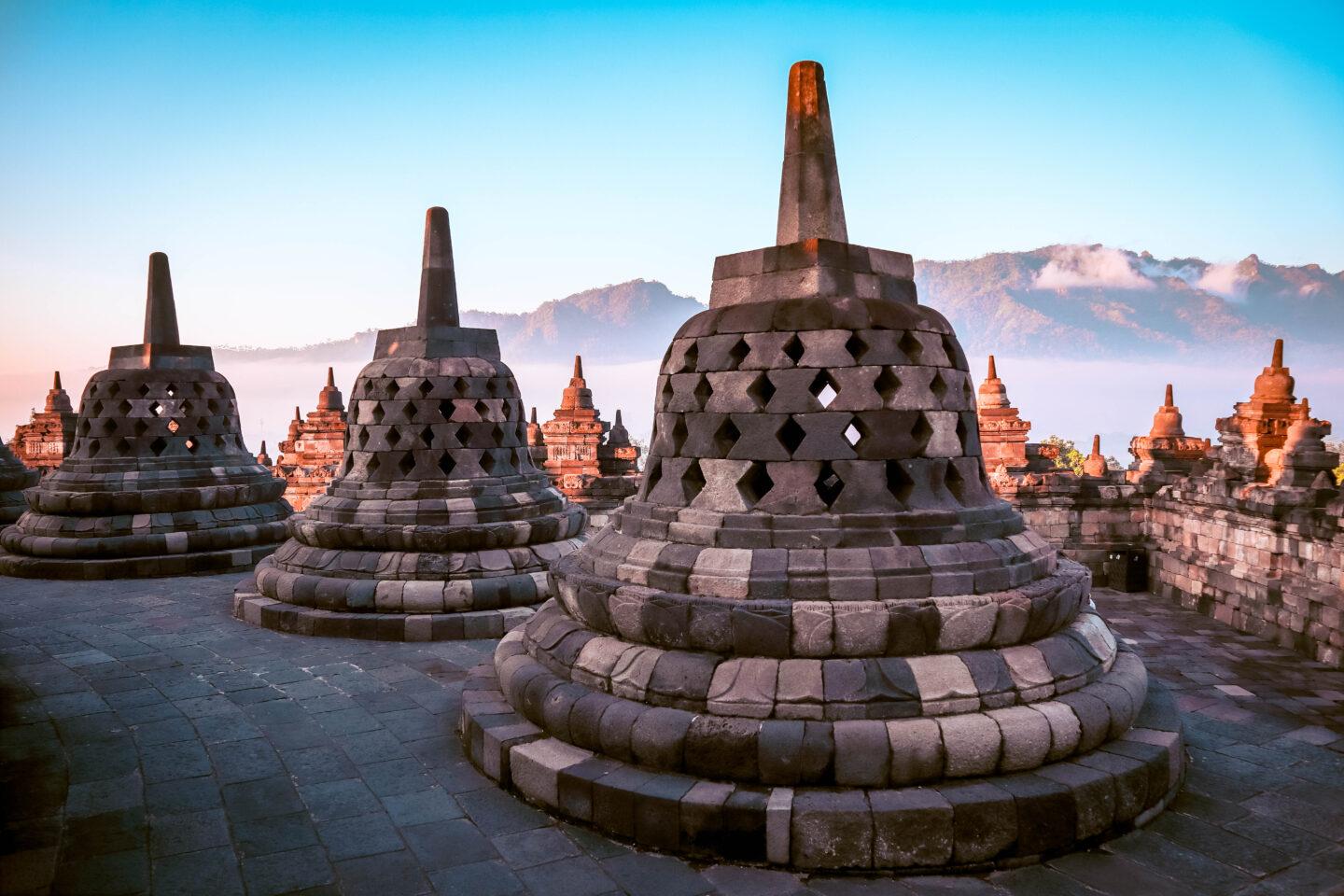 round stupas at Borobudur Temple Yogyakarta. Sunrise at Borobudur