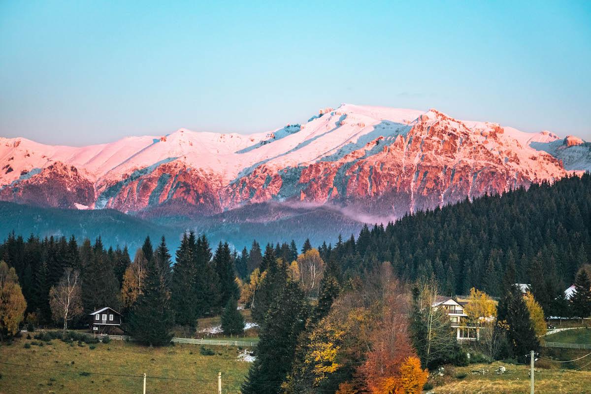Bucegi Mountains at sunset seen from Cheile Gradistei, Bran