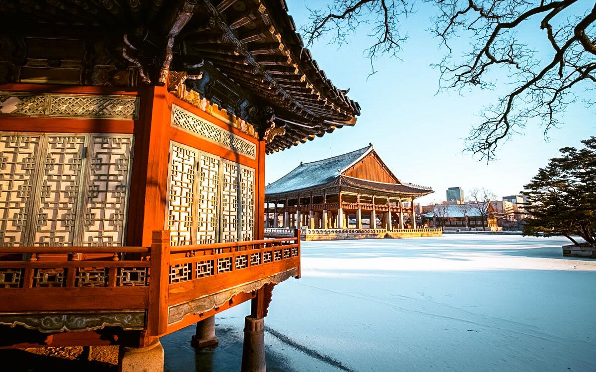 Gyeongbokgung Palace in Seoul in winter covered in snow