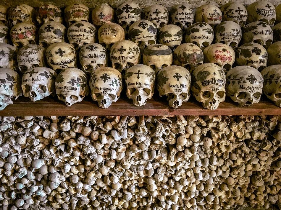Skulls and bones at Hallstatt Ossuary