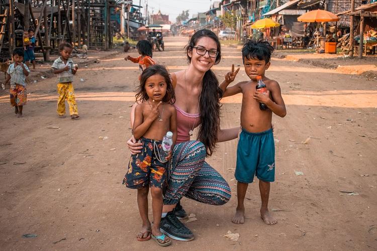Kampong Phluk wooden stilts houses and children