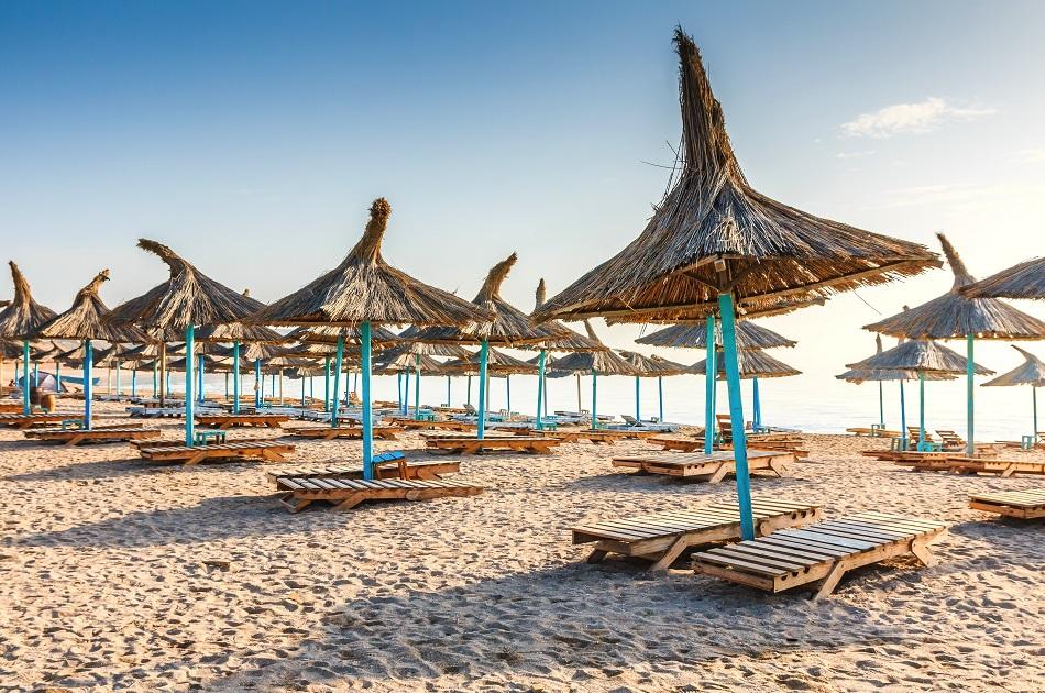 Umbrellas and sunbeds at Navodari Beach Romania