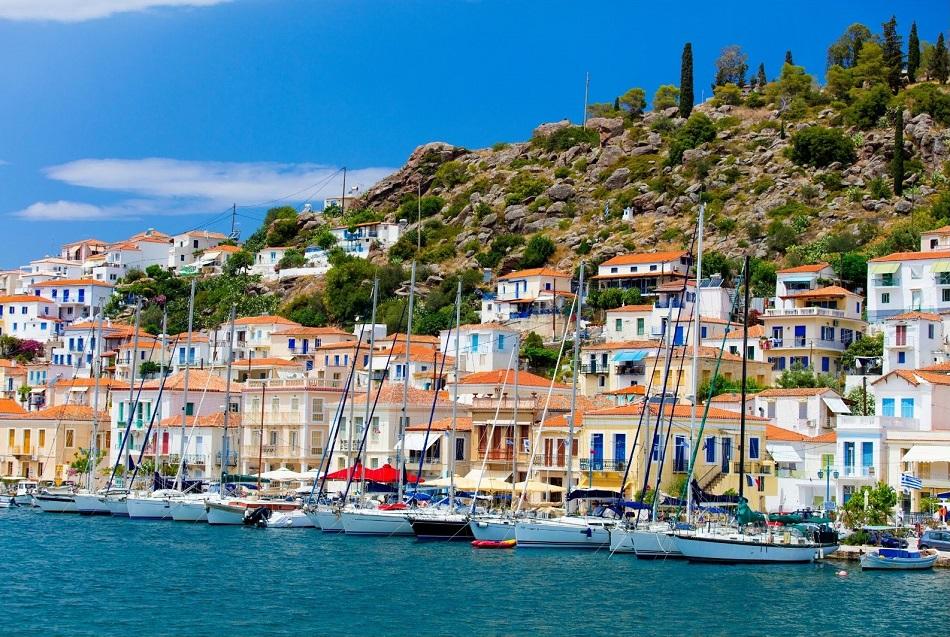 Poros Island near Athens colorful houses and boats