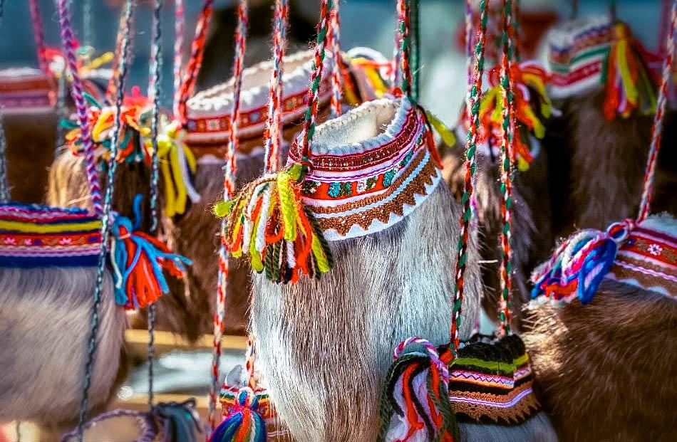 Sami people traditional colorful purses and souvenirs in Lapland, Finland