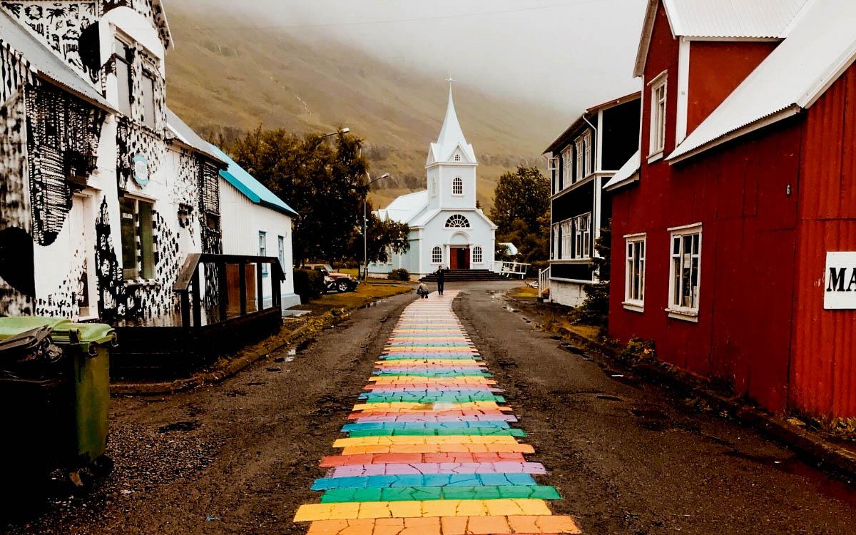 Iceland Colorful Street in Seydisfjordur. Rainbow Road Iceland