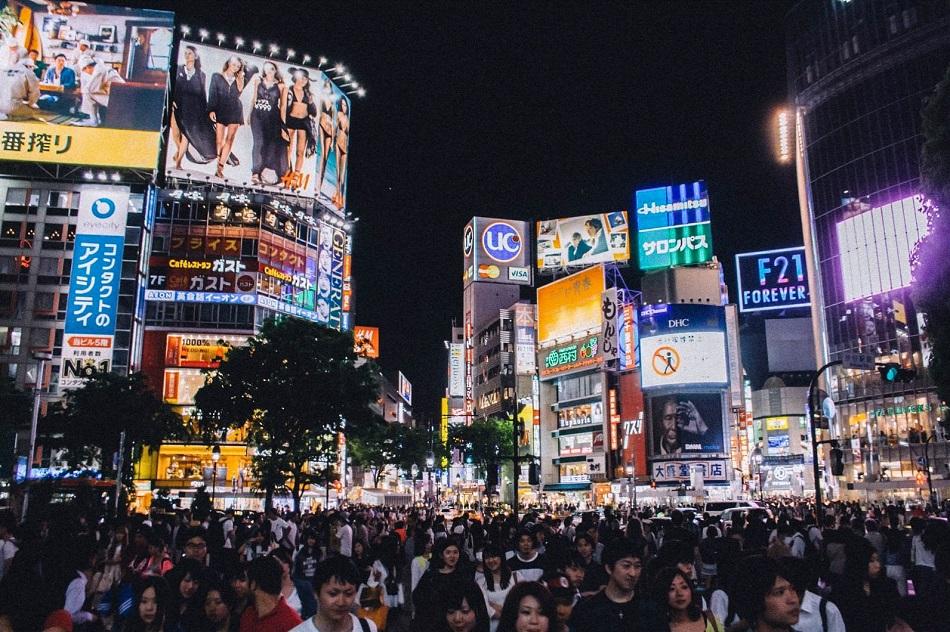 Shibuya Crossing in Tokyo during the night with lights