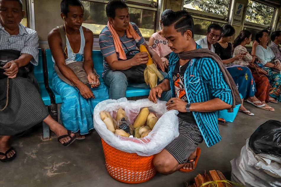 Yangon Circular Train market - people selling vegetables